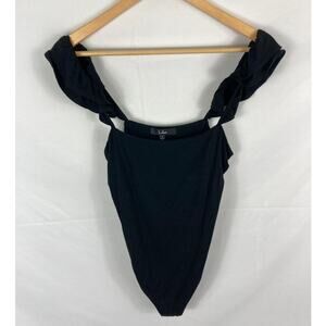Lulus Black Ruffle Sleeve Ribbed Bodysuit Size Large